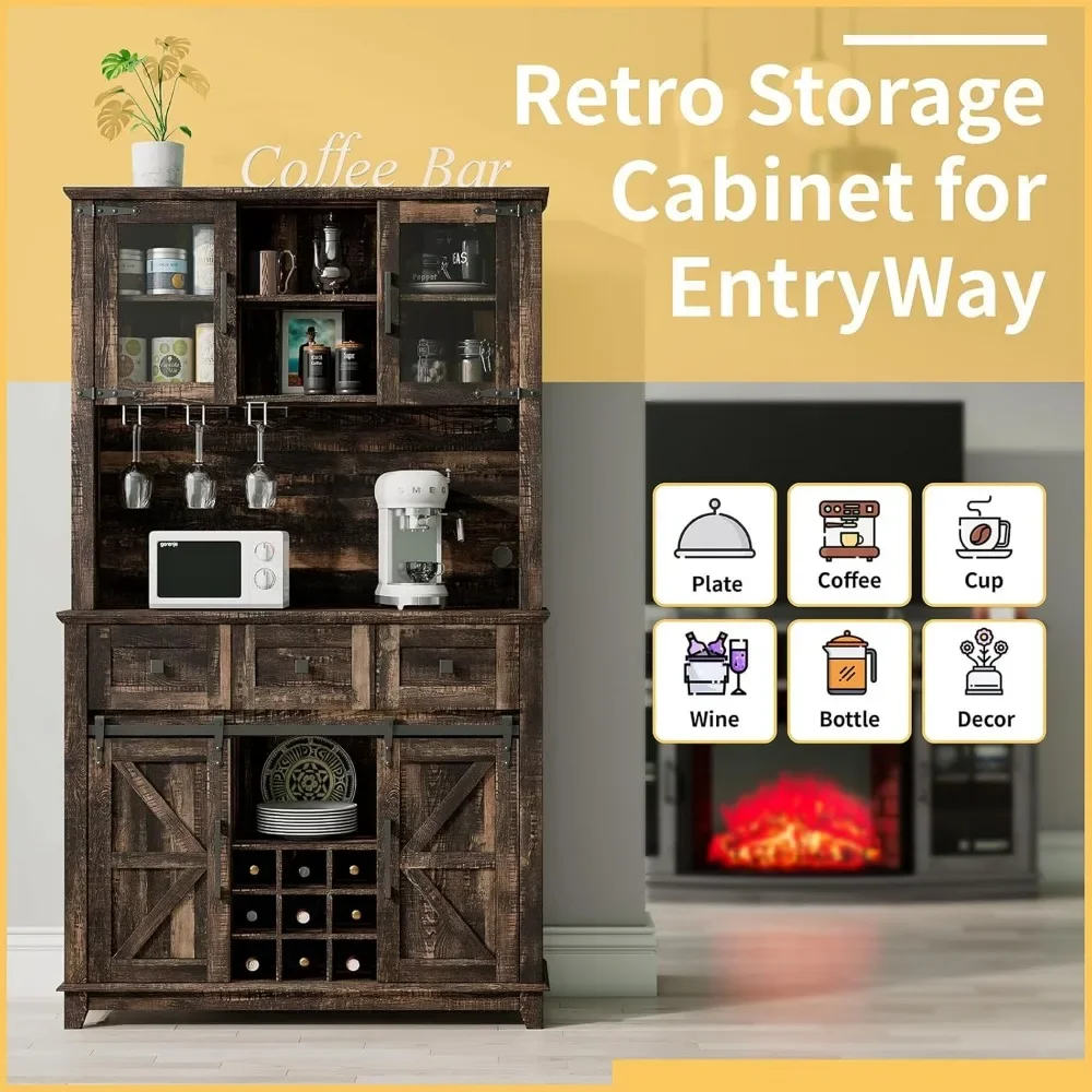 72" Coffee Bar Wine Cabinet with Sliding Barn Door & LED Lights, Sideboard Buffet Cabinet with Wine Bottle Rack, 3 Drawers