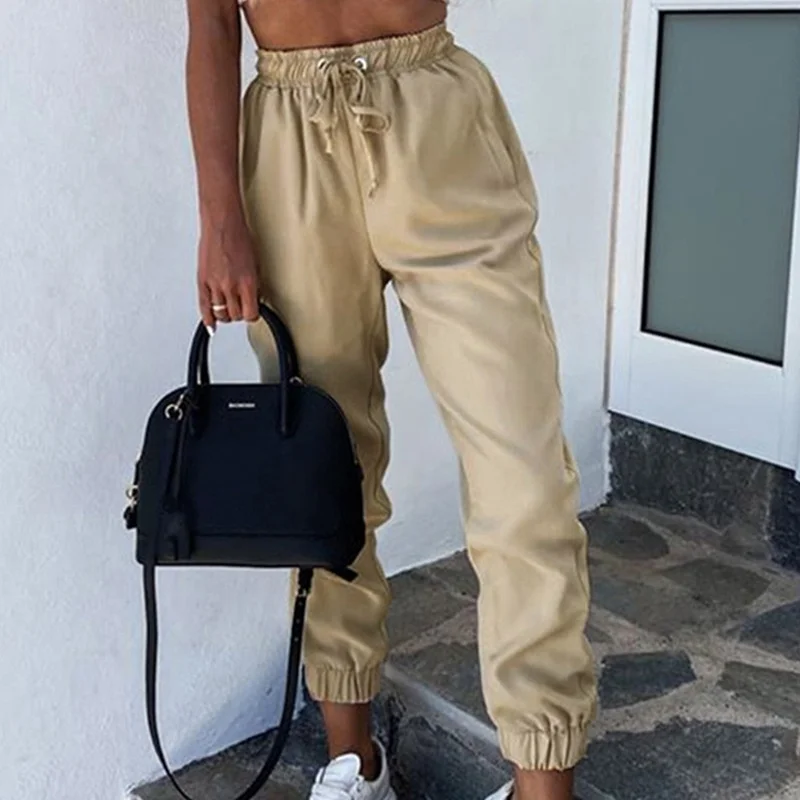 Women Drawstring Pink Khaki High Waist Long Pants 2021 Casual Solid Pant New Summer Female Pocket Elastic Waist Trousers Bottoms