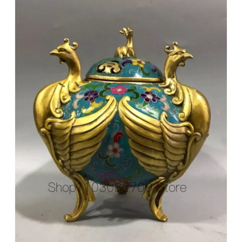 

Exquisite Copper Cloisonne Enamel Phoenix Big Three Legs Gold Plated Incense Burner