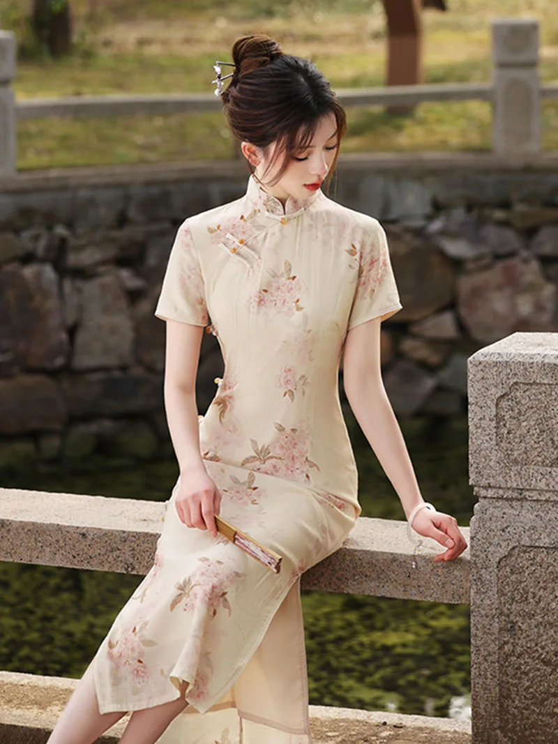 

Женское винтажное платье-Ципао с коротким рукавом и молнией сзади