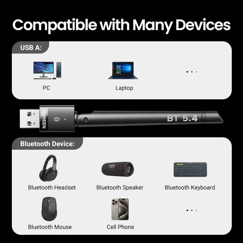 UGREEN USB Bluetooth 5.3 5.4 Adapter 120M Dongle for PC Wireless Mouse Keyboard Music Audio Receiver Transmitter Bluetooth — view 6