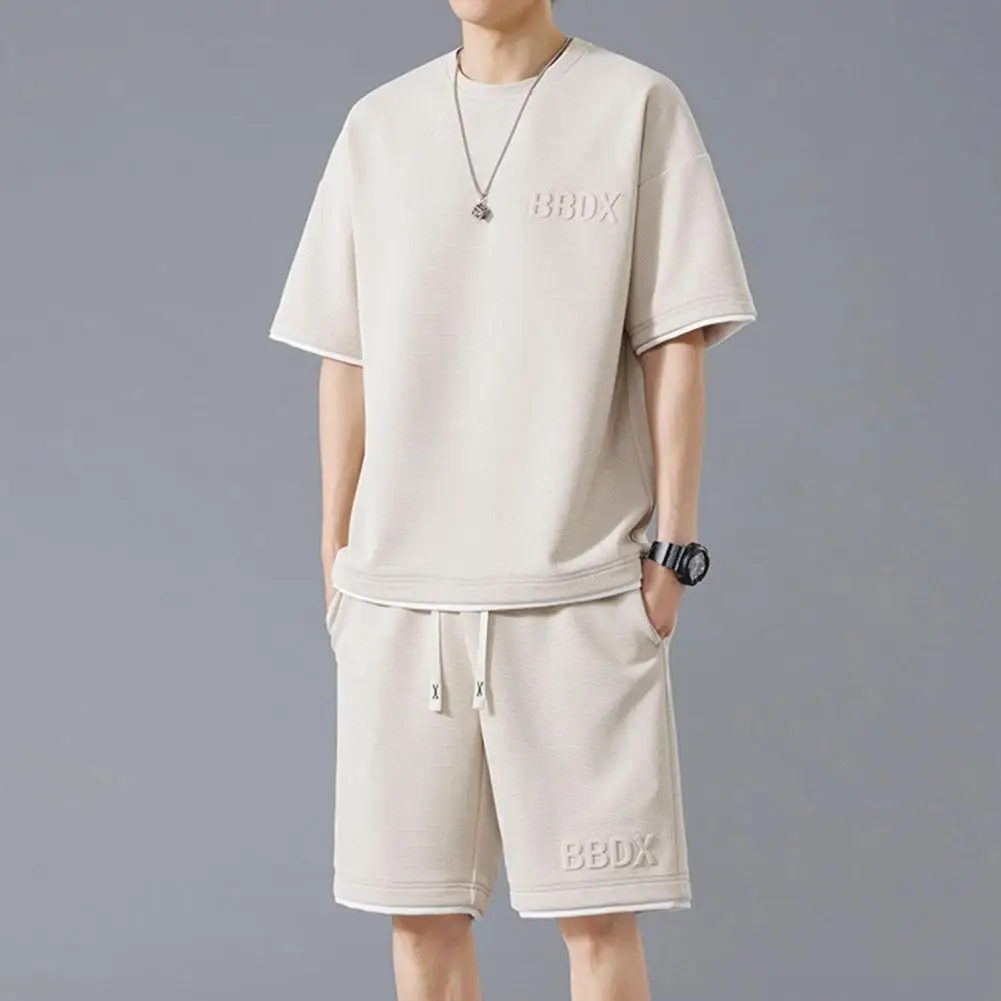 Stylish Men Summer Set Men's Summer Tracksuit O-neck T-shirt Wide Leg Shorts Set Elastic Waist Adjustable Drawstring 2pcs Fake