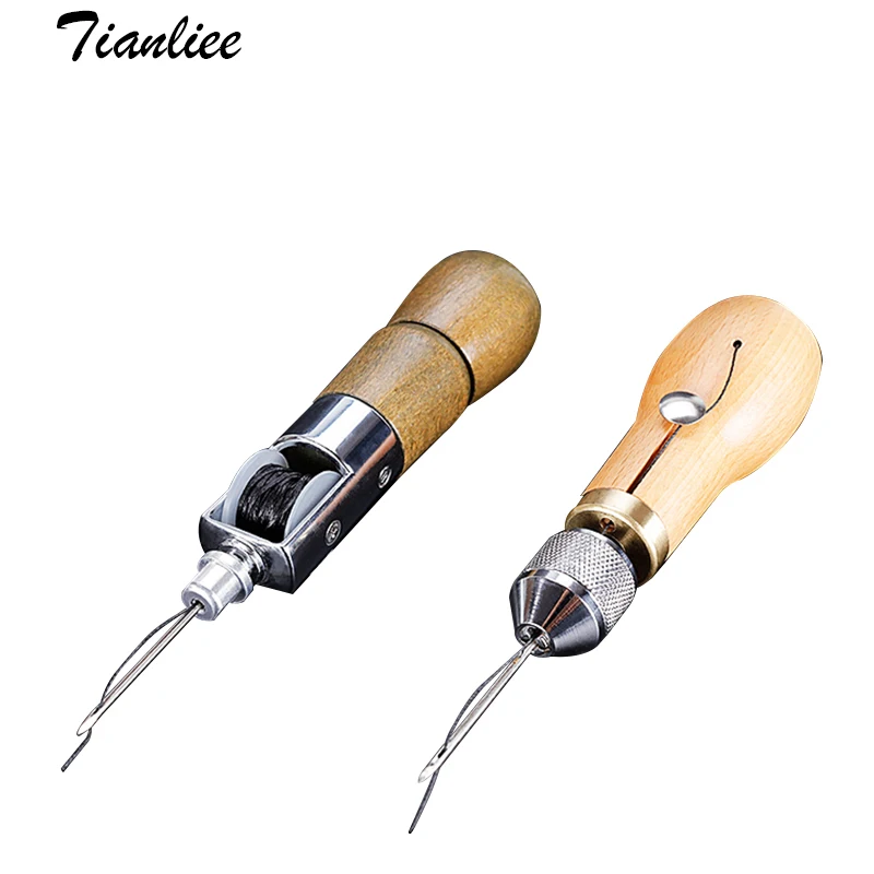 Lot De 2 Poinçons De Couture Professionnels Avec Manche En Cuivre, Outil De Réparation De Chaussures En Cuir Avec Trou Rond, Aiguille Droite Et