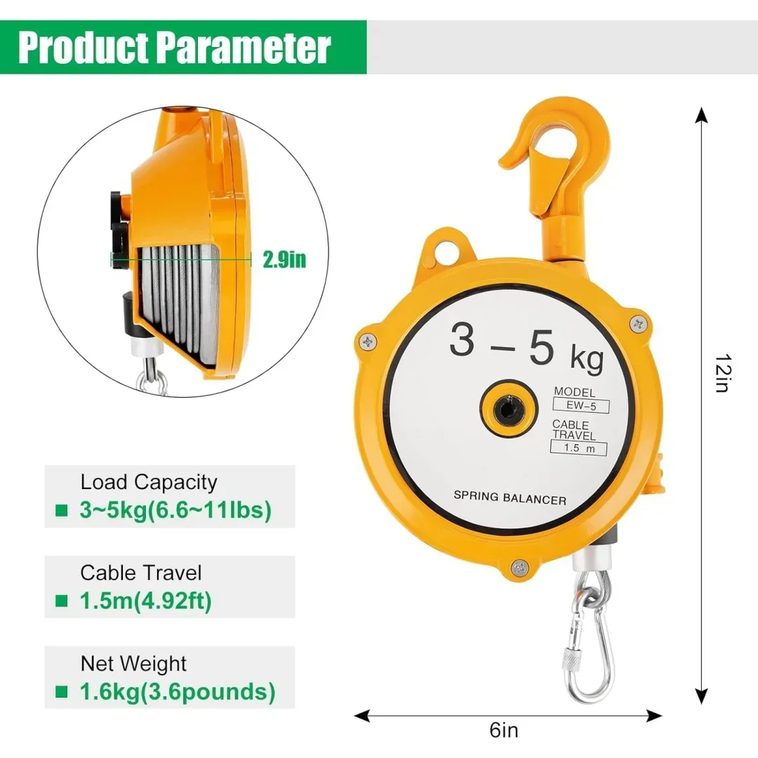 Spring Balancer 7-11lbs(3-5kg) Retractable Balancer with 5 Ft Wire Rope Hook Retractable Spring Tool Hanging Holding Equipment
