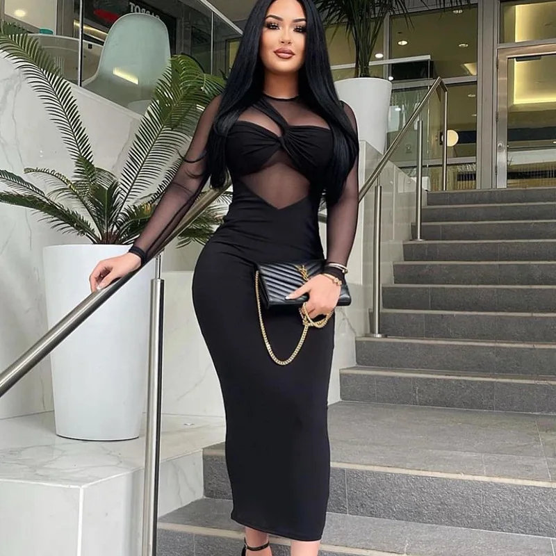 

Women's 2024 new round neck mesh transparent patchwork long sleeved medium length tight fitting dress