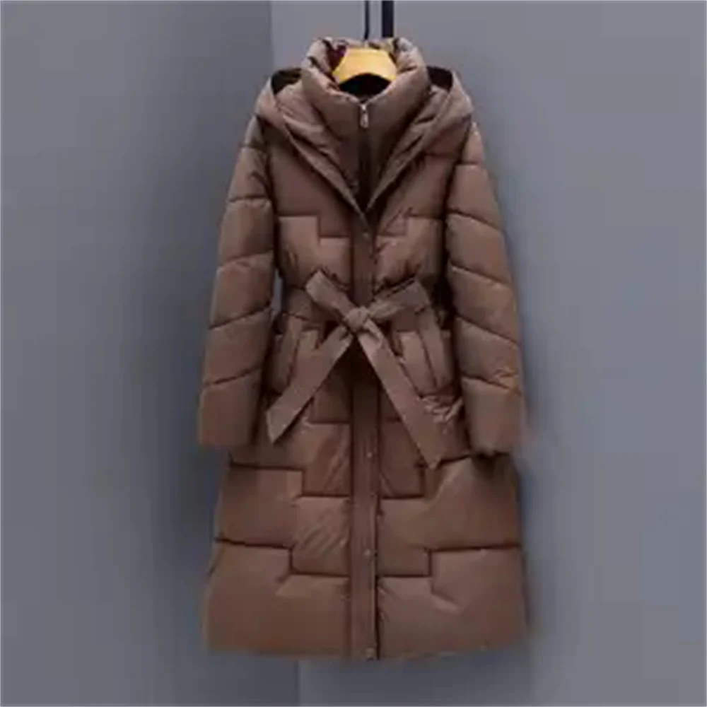 Long Knee Length Down Cotton Jacket for Women's Clothing in Winter 2025, New Hooded Waist Cinching and Slim Cotton Jacket, Thick