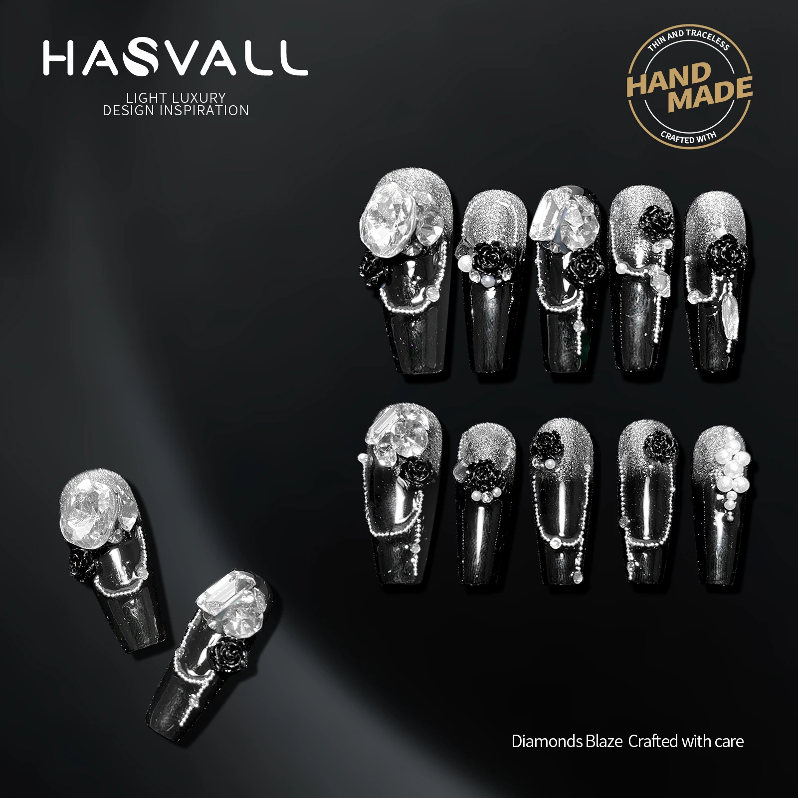 

HASVALL Y2K Handmade Press on Nails Long Coffin Punk Luxury Diamonds Cool Dark False Nails Black Full Cover Nail Tips Nail Art