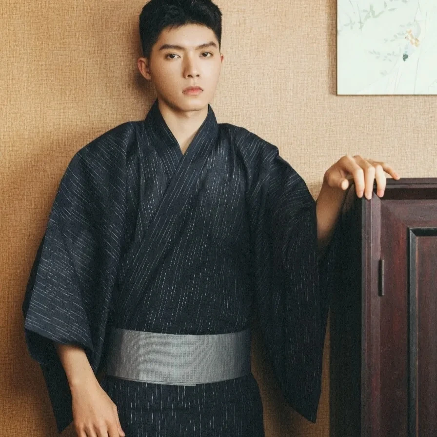 NEW Japanese Traditional Samurai Kimono For Man Retro Yukata Bathing Robe Hekoobi Loose Sauna Wear Homewear Belt Long Gown