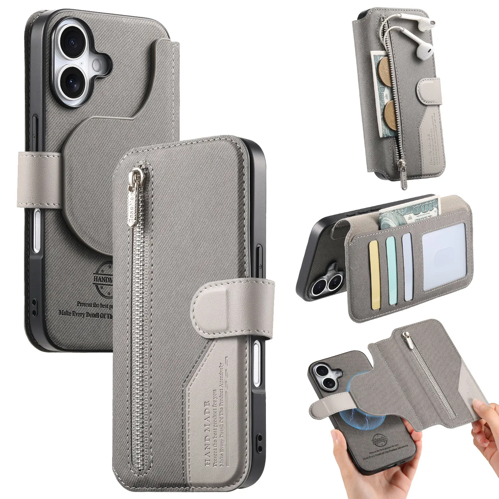 2-in-1 Wireless Charging Zipper Leather Flip Phone Case