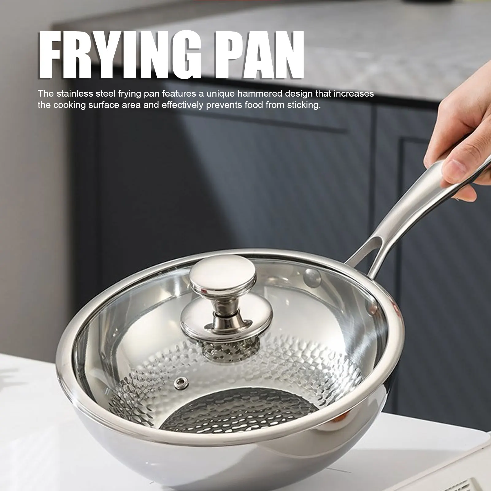 Stir Fry Pan Stainless Steel Frying Pan Healthy Triple Layer Even Heating Prevents Stick Professional Hammer Grain for Kitchen