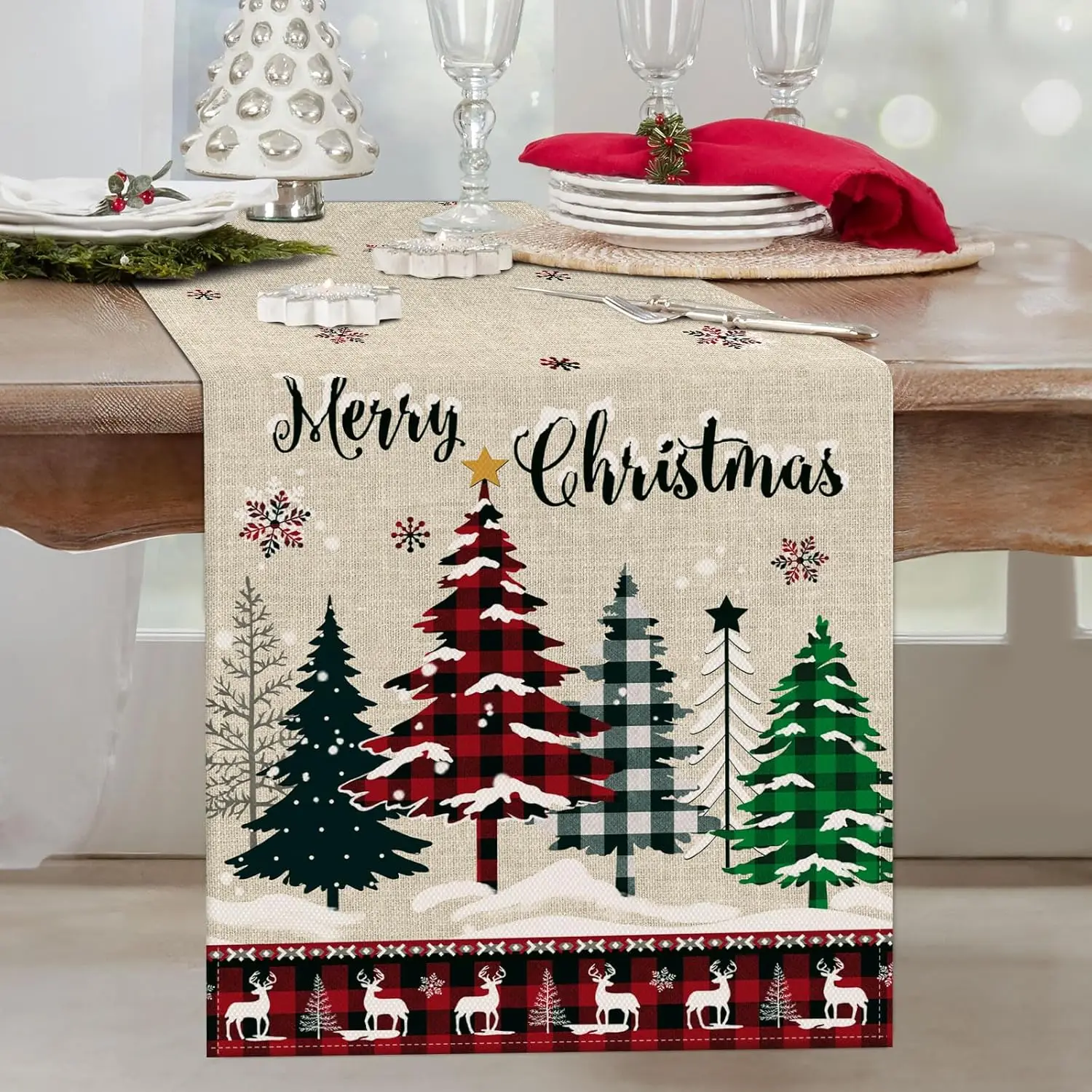 Merry Christmas Buffalo Plaid Xmas Tree Pattern Linen Table Runners Winter Holiday Wedding Party Decor Navidad Decorations 2025