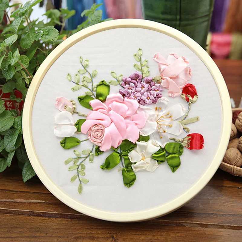 Silk Ribbon Embroidery Kit Handmade DIY Material Pack Flower Pattern Su Embroidery Set Semi finished Sewing Home Decoration