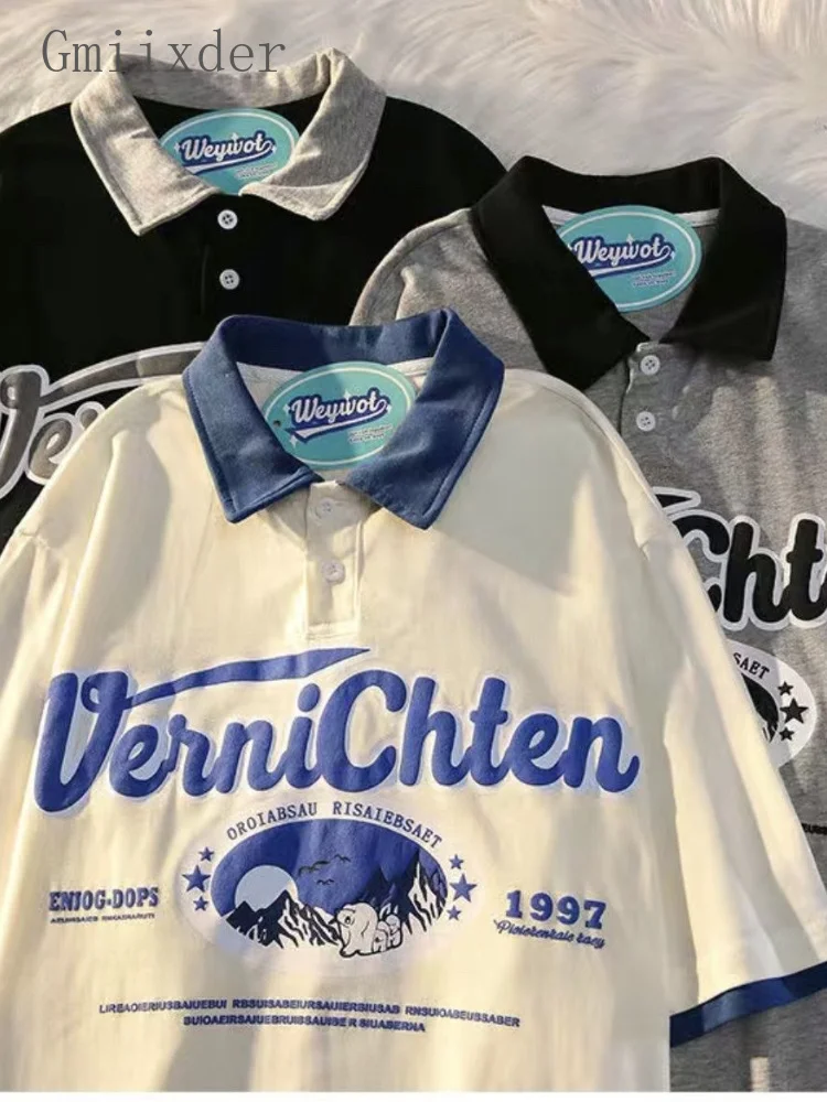 

Gmiixder Baseball Shirt American Vintage Shirt Short-sleeved T-shirt Women's Summer New Oversize Japan College Couple Tops