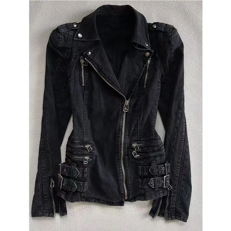 Y2K Gothic Black Slim Double Zipper Hoodie Women's Y2K American Retro Fashion Slim Oversized Cuffs Casual Motorcycle Jacket