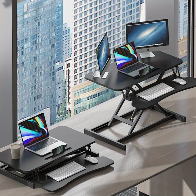 Rocelco 32" Dual Monitor Riser - Height Adjustable Standing Desk Converter with Pneumatic Lift and Keyboard Tray