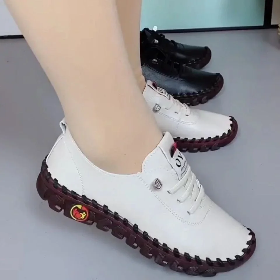 Spring Casual Women Shoes Platform Loafers Lace Up Leather Flats Slip-On Mom Shoe