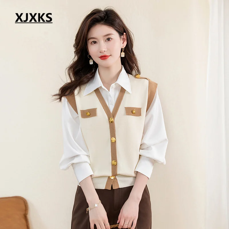 

XJXKS 2023 Spring Autumn New Fashion V-neck Single-breasted Cardigan Women's Sleeveless Sweater Comfortable Soft Wool Knit Vest