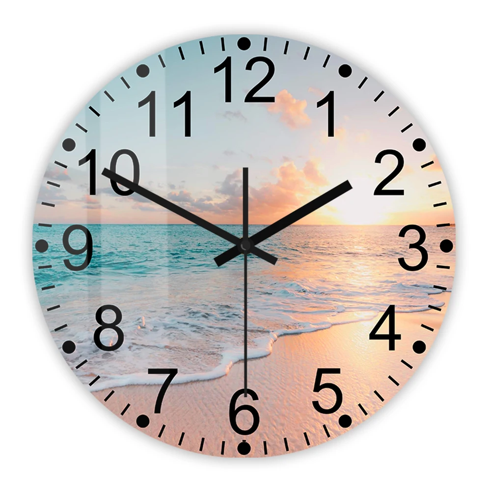 해변 일몰 바다 파도 인쇄 벽시계, 거실 열대 바다 자연 풍경, 홈 장식 시계, 사일런트 쿼츠 시계