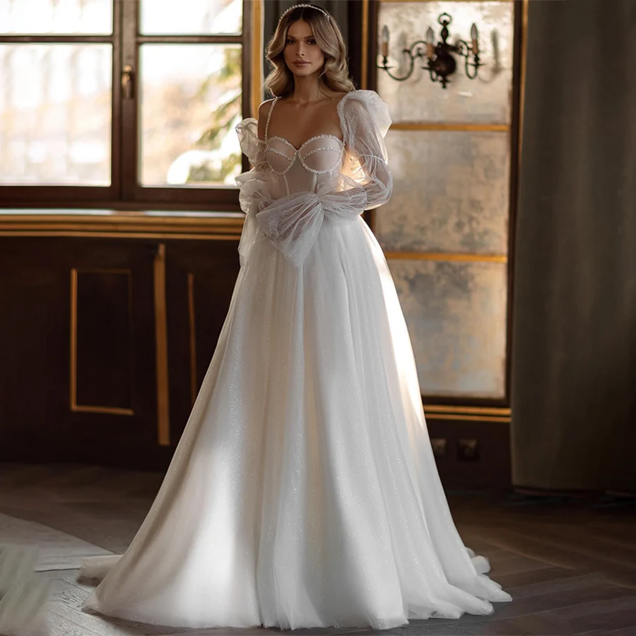 

Милое Платье на тонких бретельках с бусинами, свадебное Платье трапециевидного силуэта, вечерние блестящие платья со съемным рукавом и открытой спиной на шнуровке