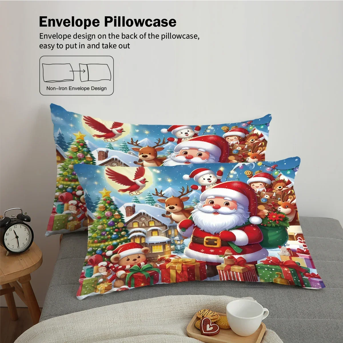 3pcs Cartoon Santa Claus Printed Chipless Bedding Set Bedroom Dormitory Soft Duvet Cover Multiple Sizes Machine Washable