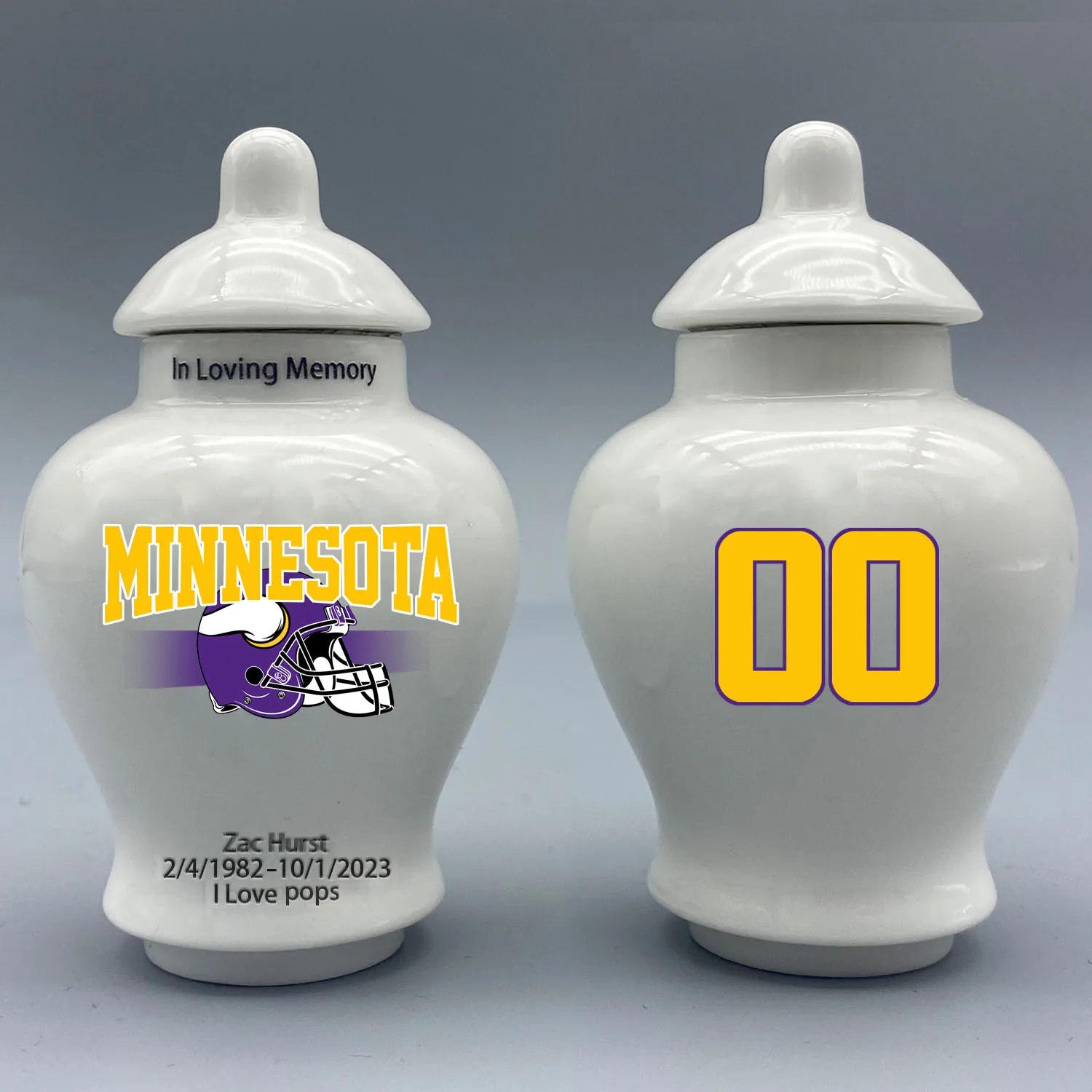 

Mini Urn for Minnesota Vikings Custom Urn.Send me the name/date and number you want to appear on the urn by Remarks Message.