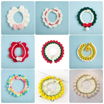 Pet Floral Edge Knitted Bib Collar Cute Adjustable Kitten Cat Decoration Handmade Scarf Necklace קולר לכלבים קטנים