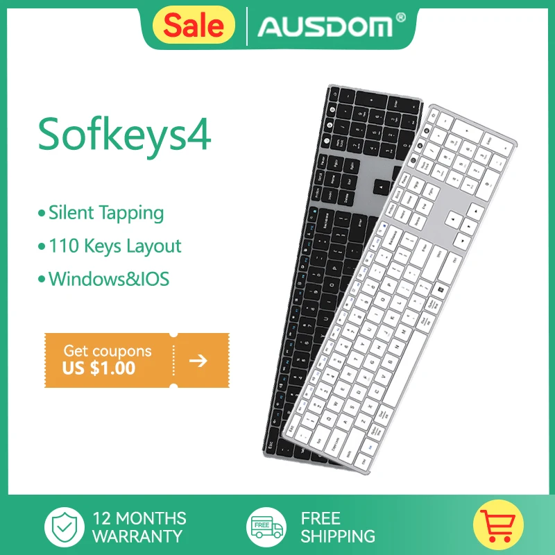 Ausdom Branco Sofkeys4 sem Fio Bluetooth Modo Duplo Zona Chave Teclado Escritório Teclado em Casa Silencioso 110 Teclas para Computador pc Ipad