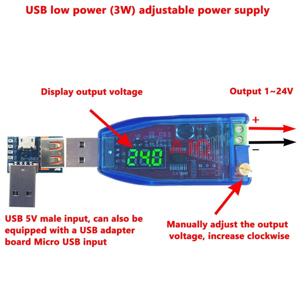 3 Stück DC-DC USB einstellbares Buck-Boost-Stabilisierungsmodul für Stromversorgung, 5 V bis 1,8 V, 3,3 V, 5 V, 9 V, 12 V, 24 V – Detail 6