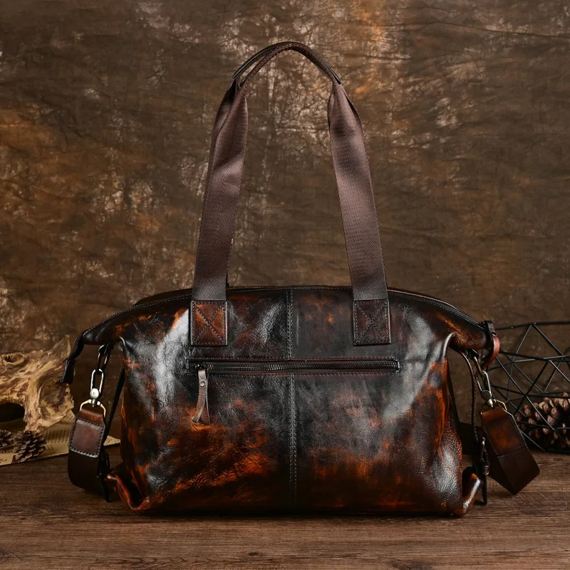 Vintage Leather Travel Tote for Men, Handcrafted with Top Layer Cowhide and Multiple Functions