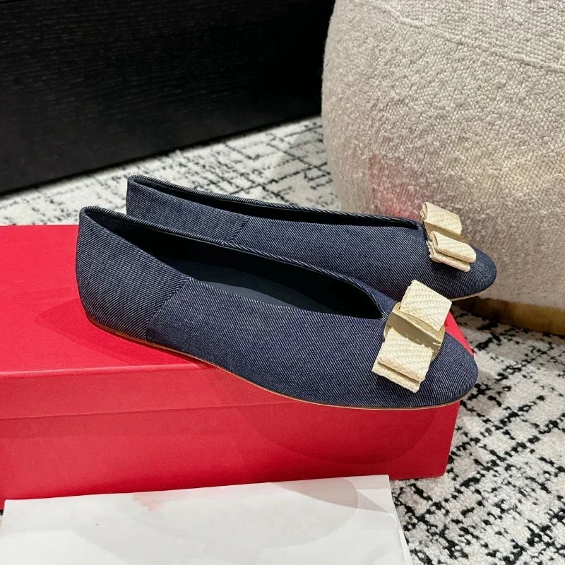 Flat handmade ballet shoes, leather, light round head, bow trim, light mouth women's slip-up shoes, 2024 5