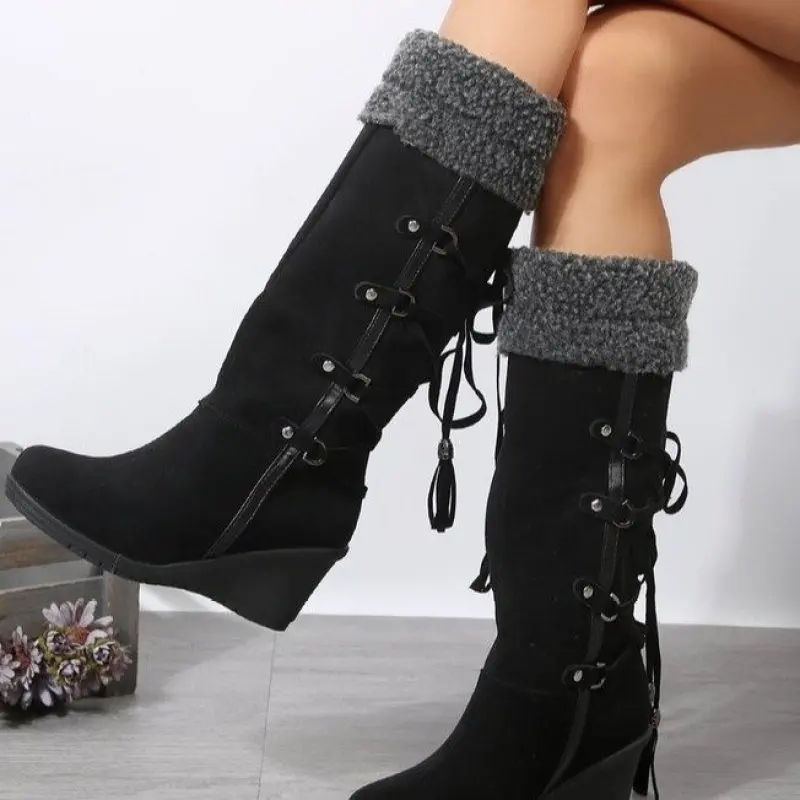 NEW Women's Winter Fashion Lace-up Tassel Long Boots Women Platform Wedge Snow High Boots Warm Cotton Fashion Plush Plus Size 42