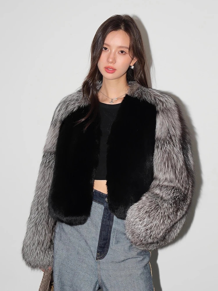 

Luxury Silver Fox Fur Coats for Women 2024 New Contrast Design High-end Elegant Cropped Real Fur Winter Fluffy Jacket