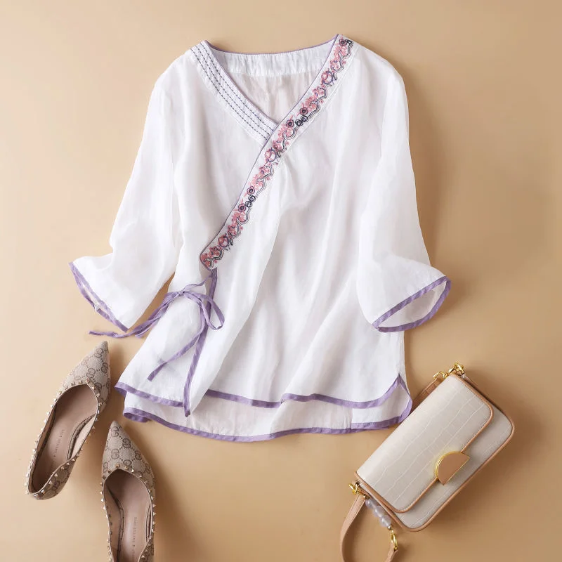 New Modern Chinese Tops Women Loose Ethnic Style V-Neck Cotton Linen Embroidery Female Tang Suit Coat Hanfu shirt woman