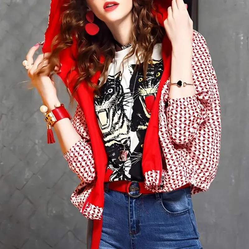 Commute Printed Casual Loose Jackets 2023 Spring Autumn Korean Female Clothing Long Sleeve Stylish Zipper Hooded Spliced Coats