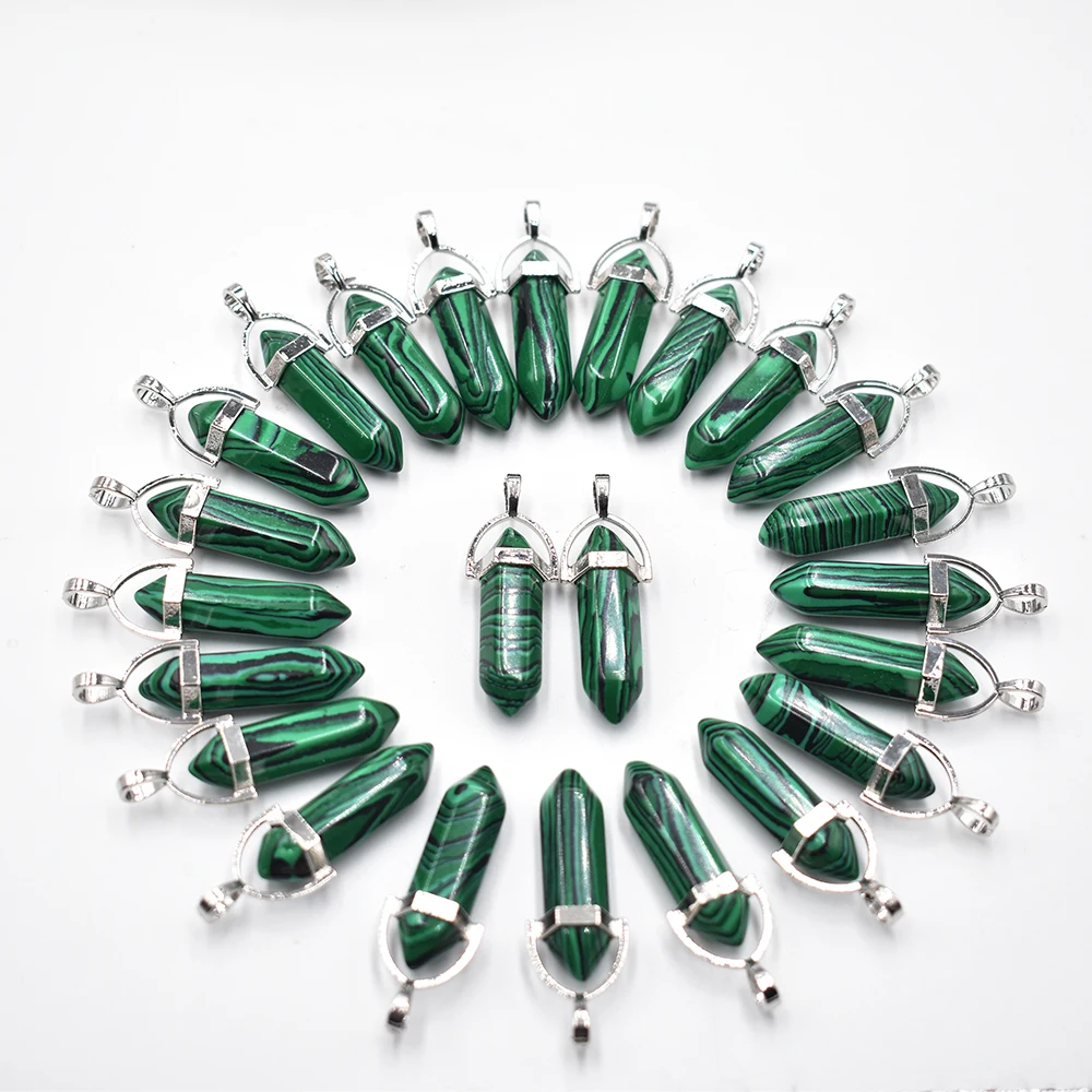 

Wholesale 24 50 100pcs/lot fashion good quality malachite stone pillar shape point Chakra charms pendant for jewelry making free