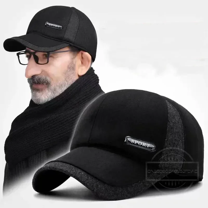 New Warm Mens Winter Wool Baseball Cap Ear Flaps Brand Snapback Hats Thicken Cotton Fitted Cap Gorra Hombre Trucker Cap 2