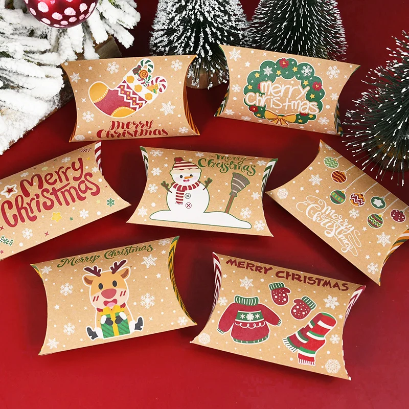 

10pcs Christmas Candy Boxes Pillow Kraft Paper Gift Box Xmas Deer Santa Claus Cookie Candy Packages Merry Christmas Party Decor