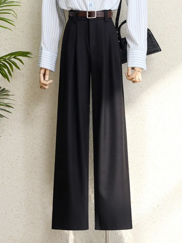 2026 New Burgundy Suits Pants for Women Office Lady Elegant High Waist Wide Leg Fashion Trousers with Pockets Black Gray