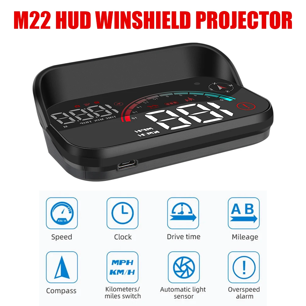 

Цифровой проектор лобового стекла M22 HUD, измеритель оборотов в минуту, миль/ч, GPS, компас, измеритель скорости, спидометр