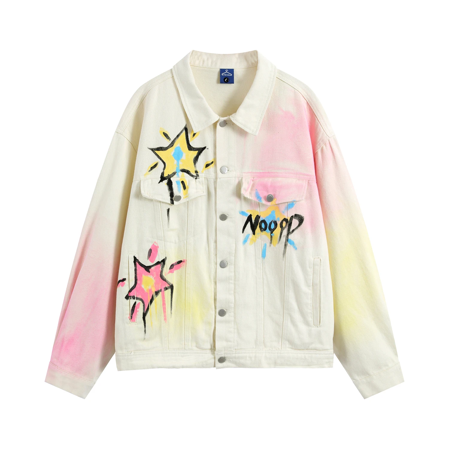 

Street Wear Coloured Drawing Tie Dyeing Denim Jackets for Men and Women Hip Hop Graffiti Baggy Jean Jackets Washed Vintage