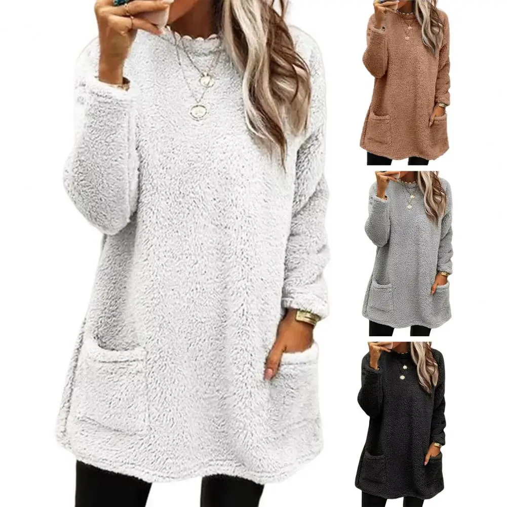 

Women Long Sleeve Sweatshirt Warm Plush Sweatshirt with Pockets Cozy Winter Top for Women Women Thick Lining Top