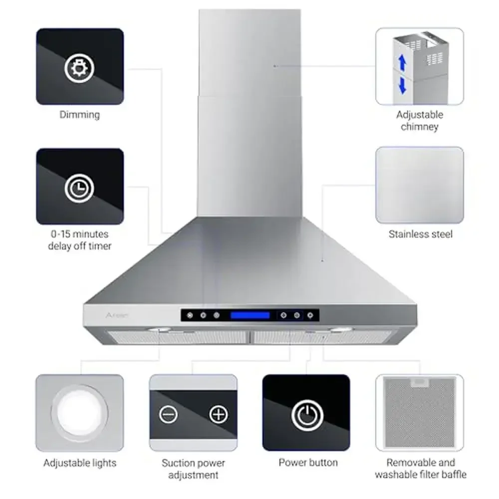 36 Inch Stainless Steel Wall Mount Range Hood 780CFM 4-Speed Touch Panel Adjustable Timer Remote Control Dishwasher-Safe Filters 5