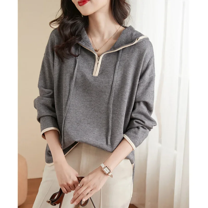 

Fashion Half Neck Hooded Cashmere Sweater Women Fall Winter Lazy Knit Hoodie Large Size Loose Sweater Wool Base Sweater