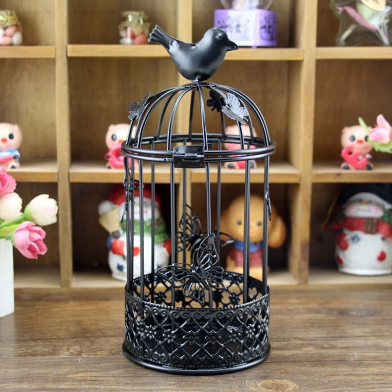Candelabro de hierro con forma de jaula para pájaros, 1 piezas, ahuecado de mariposas, Vintage, decoración de boda, soporte para velas, Decoración de mesa