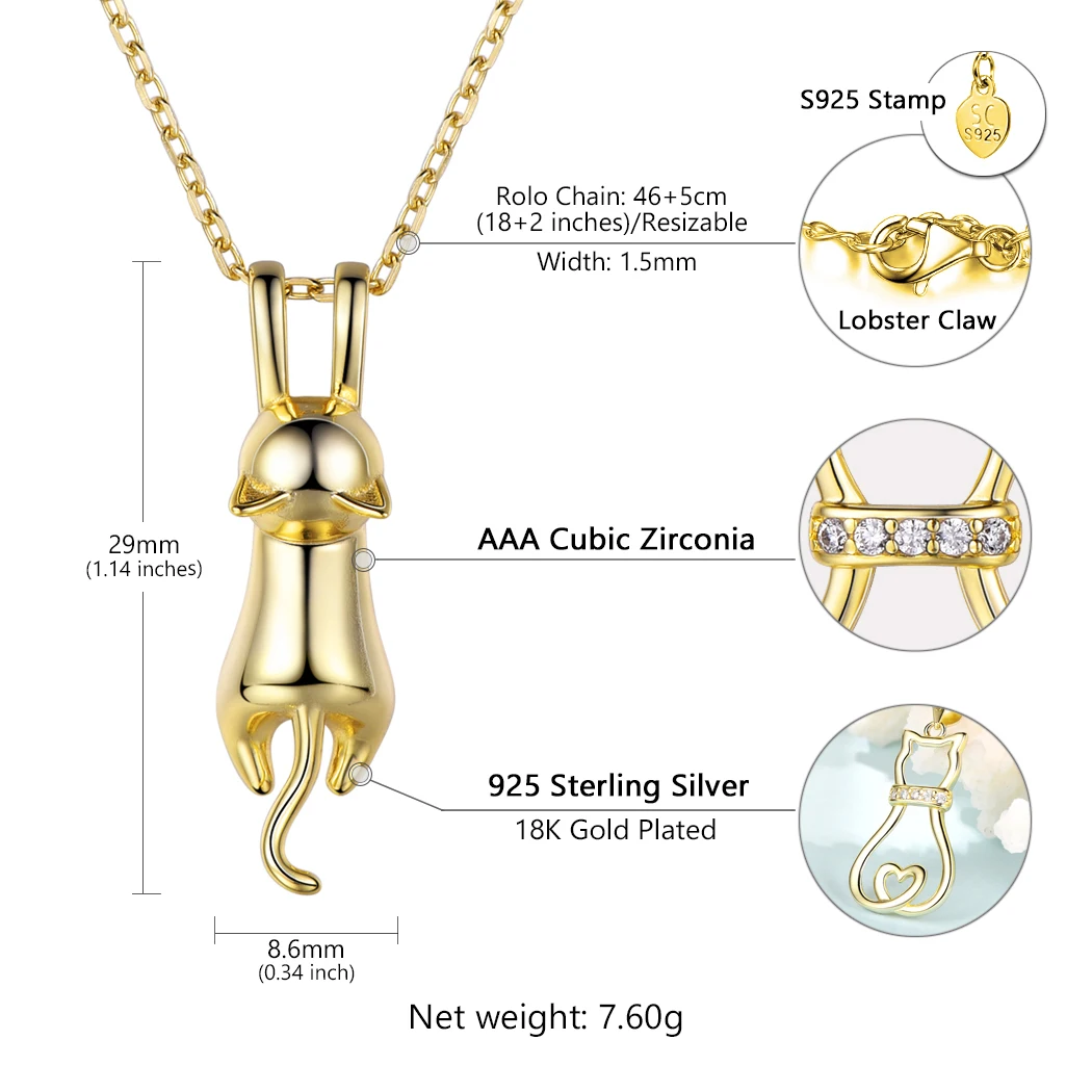 Sterling Silver Stretched Cat Necklace for Women 18 inches Animals Chic Jewelry - PeticaDeals
