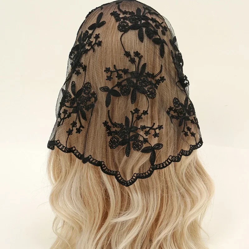 Nylon Embroidered Lace Triangle Scarf Prayer Veil Church Hijab 2024 Women Soft New Fashion Elegant Scarf Shawl 140*35cm 2