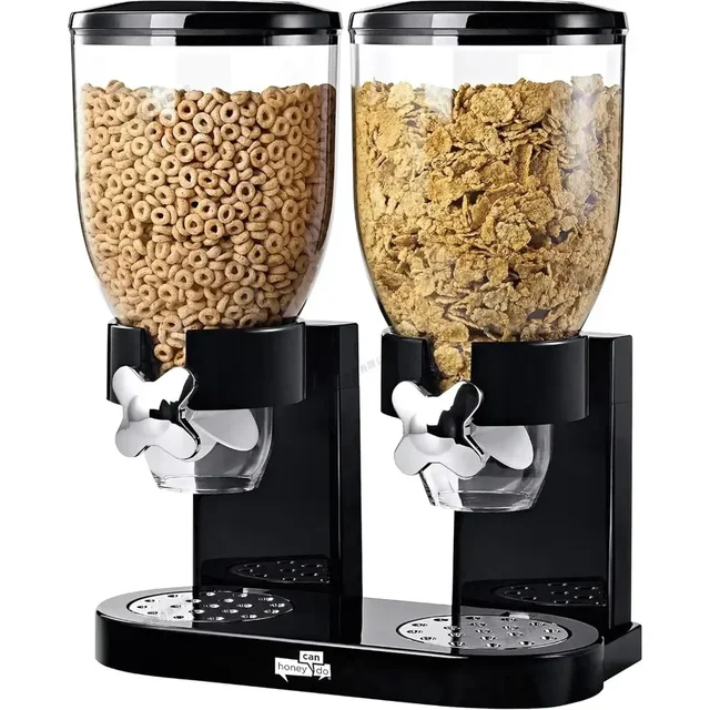 Dual cereal dispenser on a kitchen counter, with one side filled with oatmeal and the other with cereal.