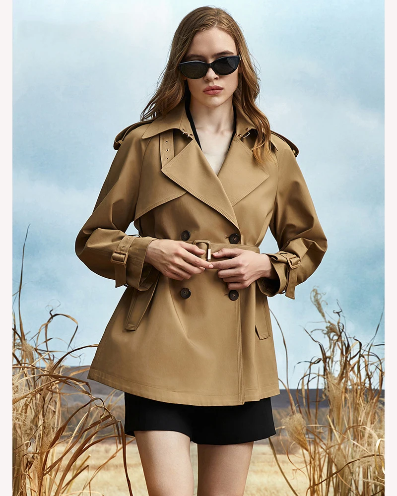 New Women Fashion Trench Coats With Belt Vintage Double Button Long Sleeve Ladies Short Khaki Windbreaker