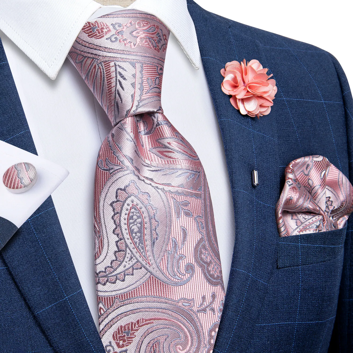 

Luxury Pink Paisley Silk Ties For Men Wedding Accessories Neck Tie Set Handkerchief Cufflinks Brooch Pin Gift For Men