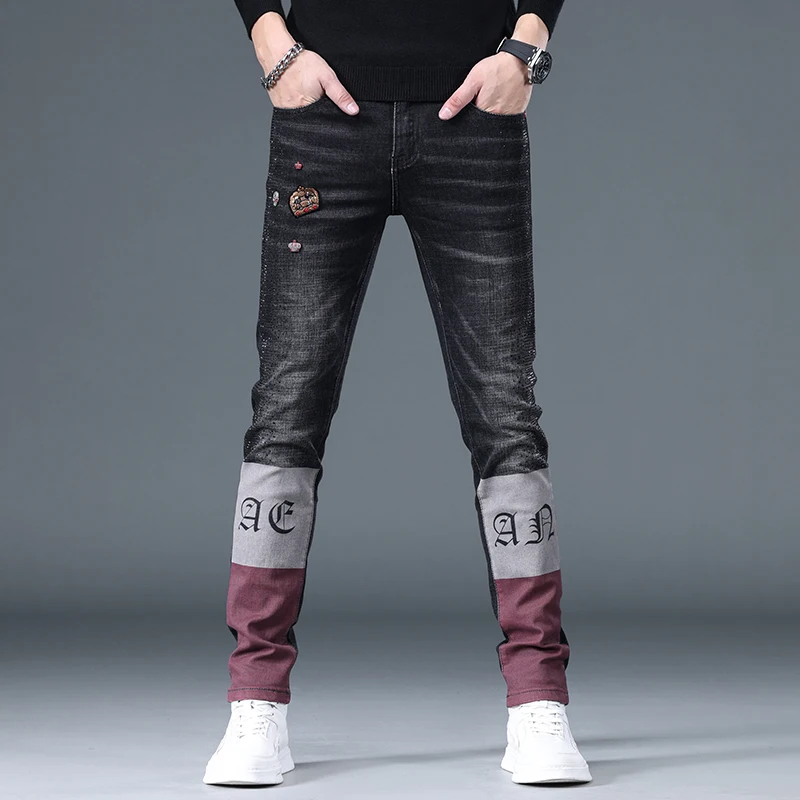 Four Seasons Fall Winter Fashion Jeans Men's Embroidered Skinny Personality Trendy and Thin Looking Black Popular Long Pants